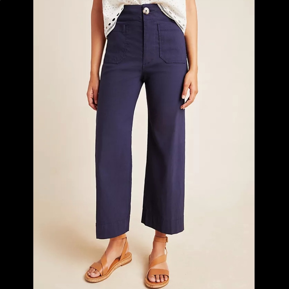 Anthropologie Navy High Waist Wide Leg Chino Pants Sz 26
